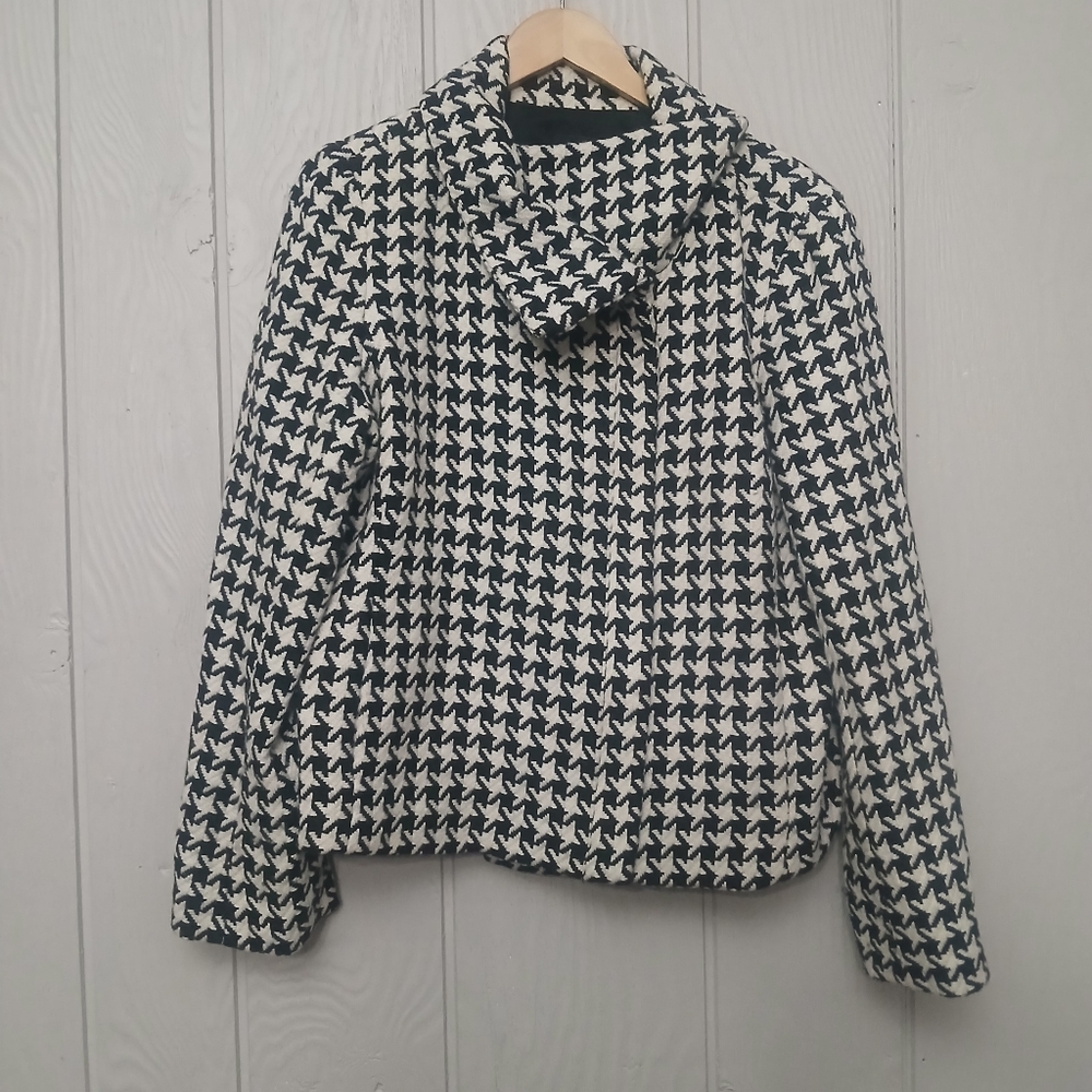 Talbots houndstooth wool blend Zip Up Black White Moto jacket Size 16